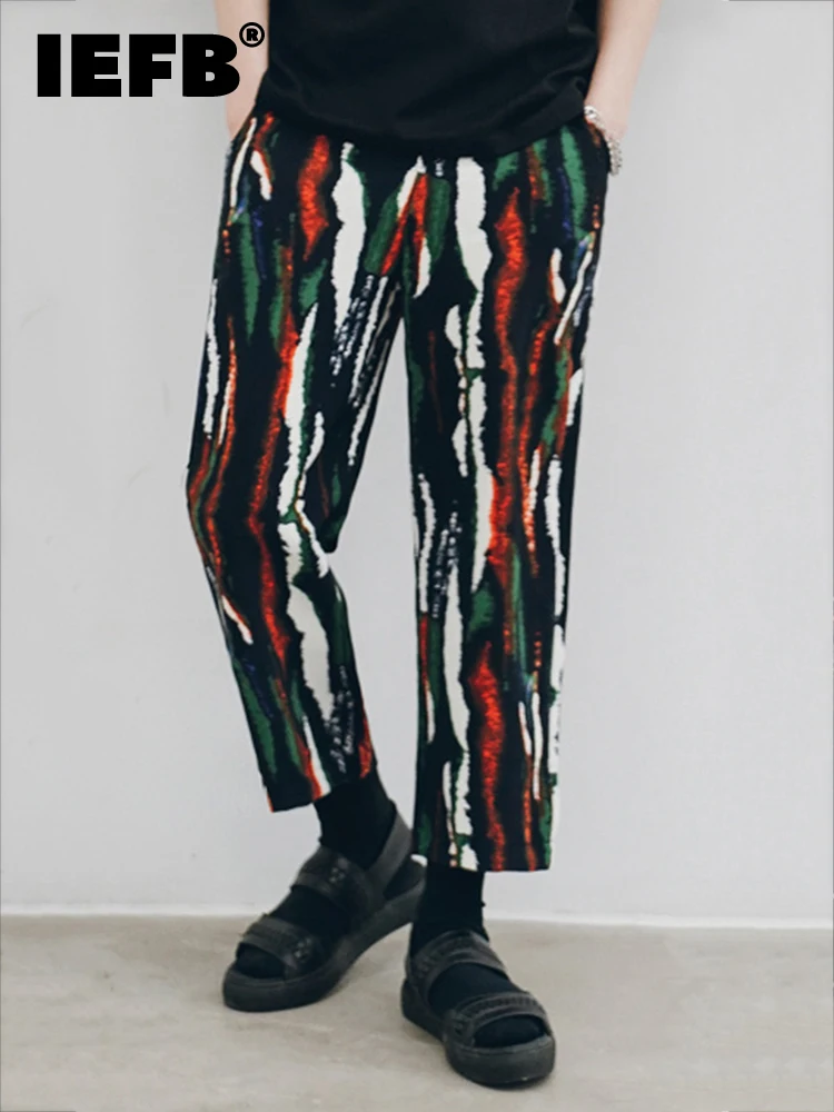 

IEFB Men's Fashionable Casual 2022 Spring New Slim Pants Personalized Irregular Floral Stripe Design Korean Style 9Y5342