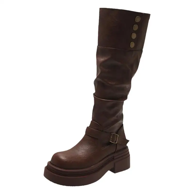 Винтажные коричневые женские сапоги в стиле пастушки вестерн модные длинные
