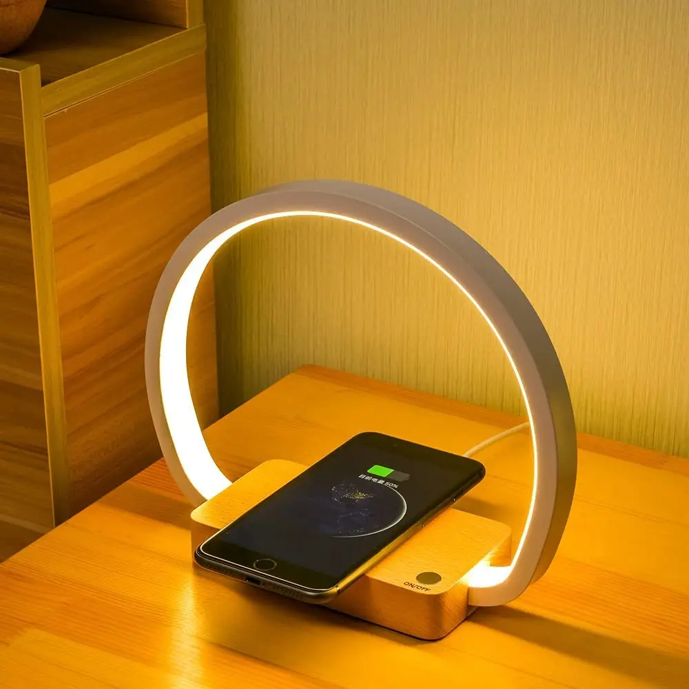 

LED Table Lamp with 10W Fast Wireless Charger Touch Control Dimming Wooden Bedside Bedroom Lamp Nightstand Desk Lamp Room Decor