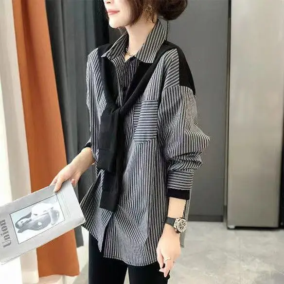 

Fashion Patchwork Striped Women Shirt 2022 Spring New Office Lady Casual Commuter Lapel Long Sleeve Button Blouse Female T770
