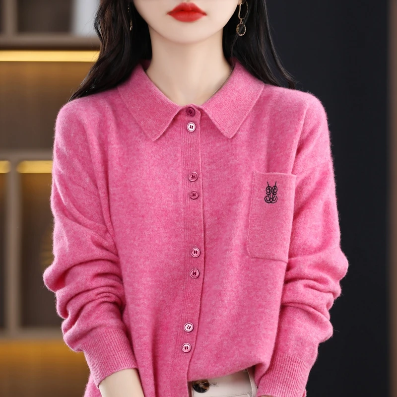 

Women 100% Wool Cardigan Polo Collar Embroidery Fashion Colors Knitted Loose Shirt Sweaters Solid Pure Merino Spring Autumn New