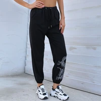chinese dragon printed pencil pants women black drawstring mid waist ankle length pants street fashion casual commute trousers