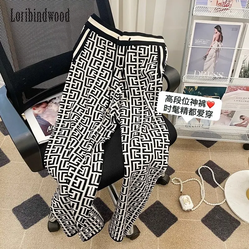 

High Waisted Jacquard Knitted Wide Leg Pants Women Chic Vintage Fashion Full-length Trousers Casual Loose Straight Ladies Pants