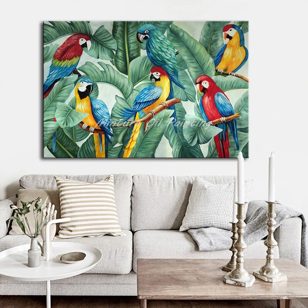 Картины маслом Мятниры на холсте ручная работа шесть красивых попугаев ветке