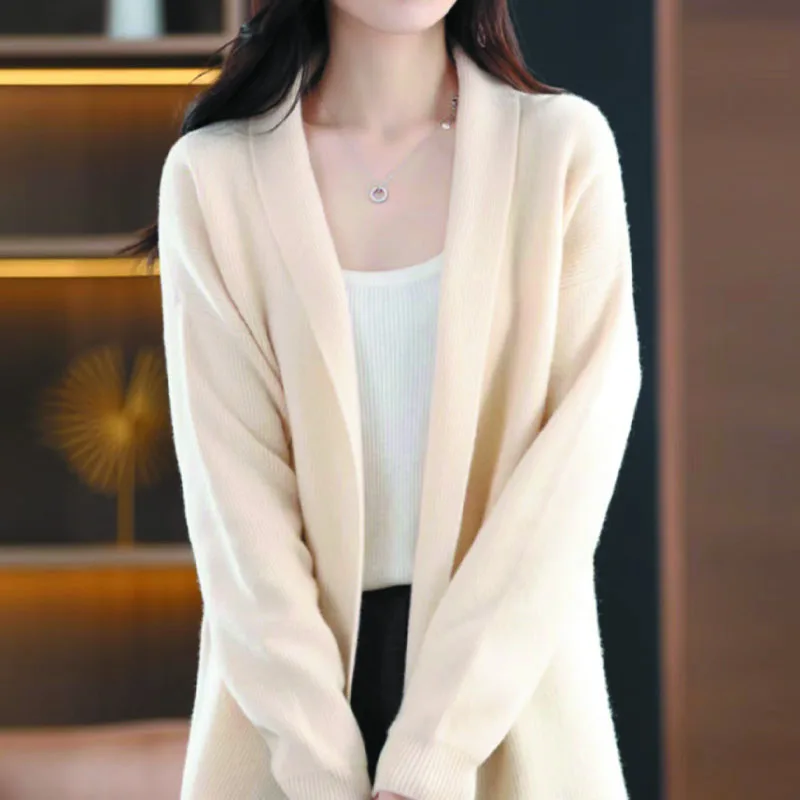 Женский осенне-зимний новый стиль вязаный кардиган средней длины шерстяная