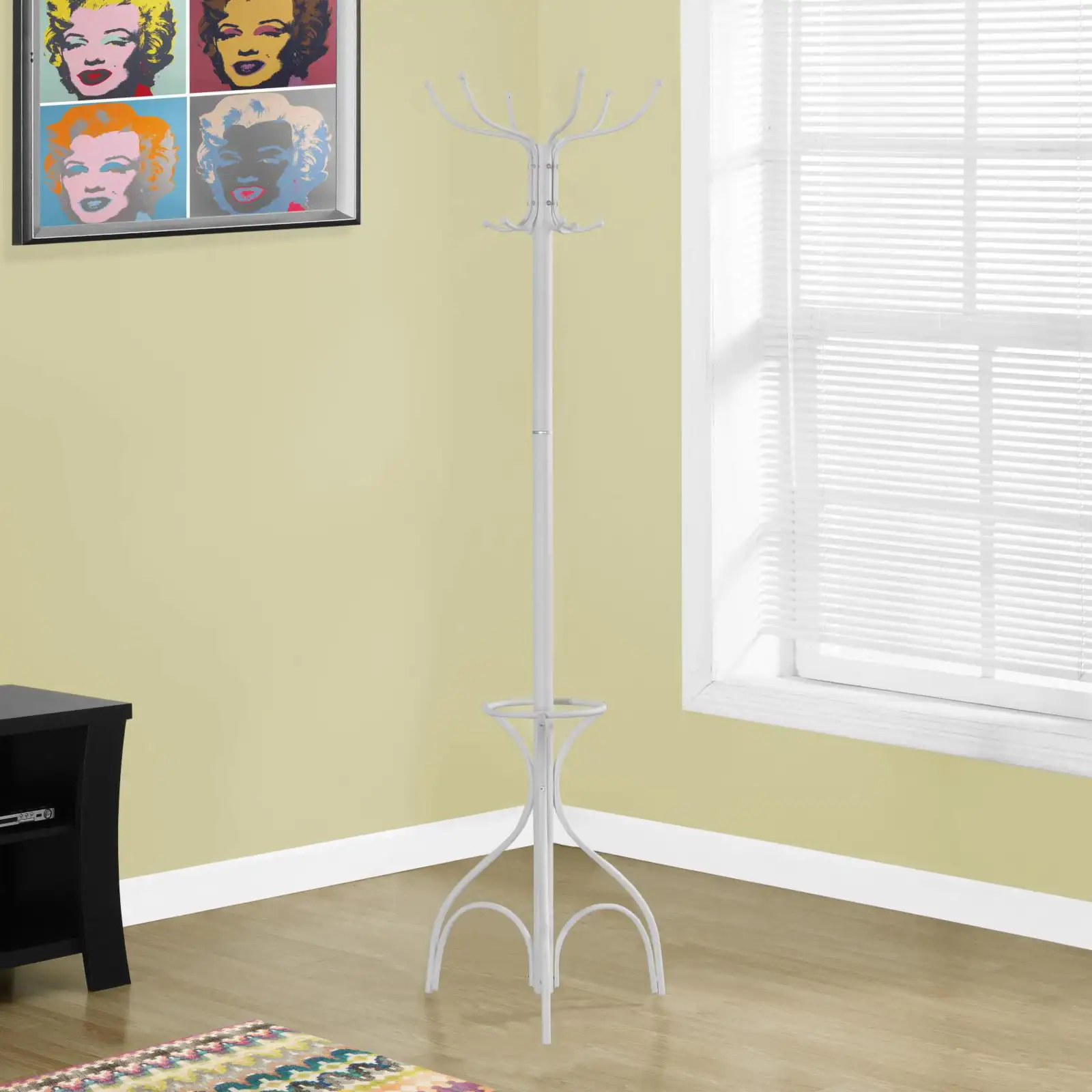 

Coat Rack, Hall Tree, Free Standing, 12 Hooks, Entryway, 70"H, Umbrella Holder, Bedroom, Metal, White, Contemporary, Modern