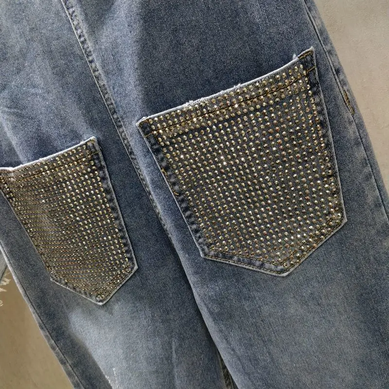 Diamond Pocket Sling Strap Pants Women Broken Holes One Piece Jeans Female Embroidery Cotton Zipper Fit Elastic Luxury Metal 024