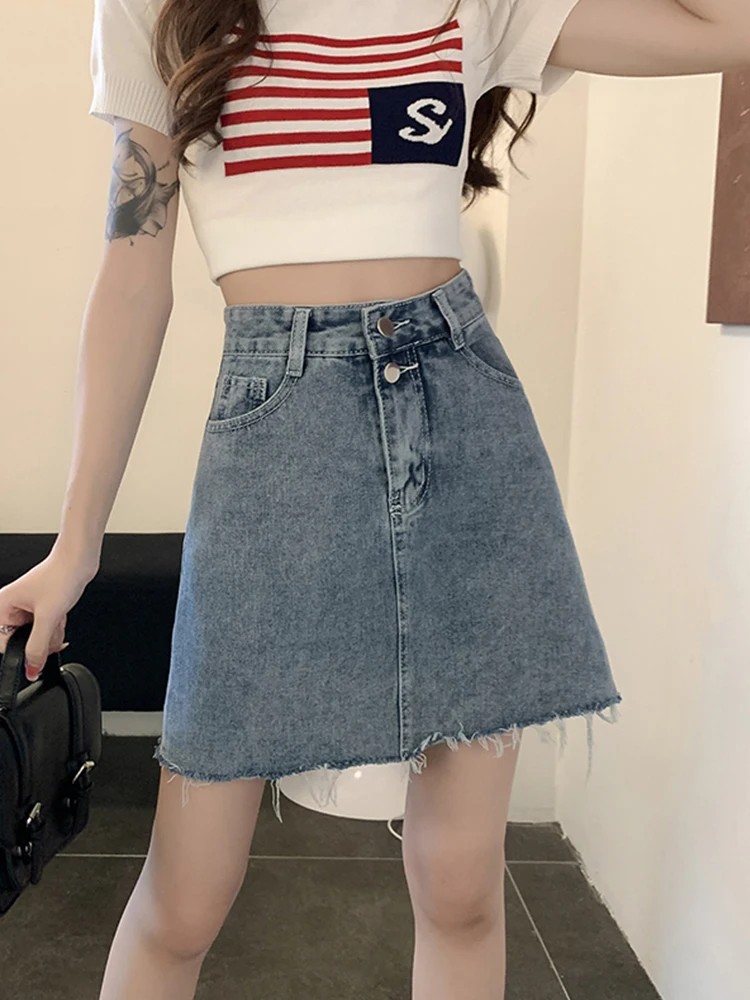 New Summer Women Streetwear High Waist Frayed Raw Hem Short Denim Skirt Vintage Female Loose Blue Jeans Skirts Bottoms
