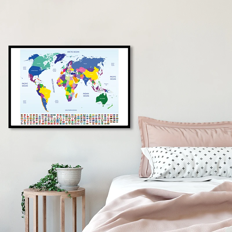 

The World Political Map with National Flags 90*60cm Canvas Painting Wall Retro Posters Classroom Teaching Supplies Home Decor