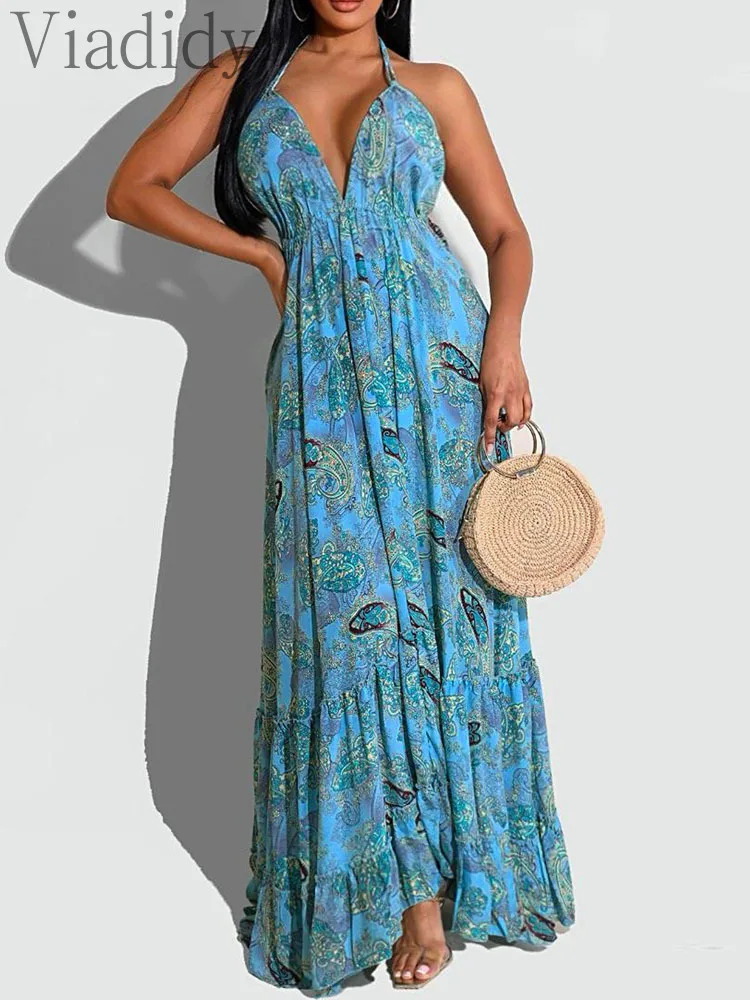 

Bohemian Style Print Spaghetti Strap V-Neck Backless Lace Up Maxi Dress Vacation Long Robe