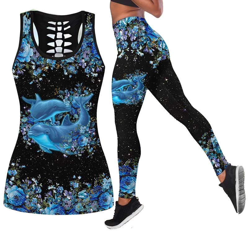 

Dolphin Pattern Lady Stretches Gym Fitness Tracksuit Women Yoga Pants + 3D Print Hipster Jogging Vest Backless Camisoles