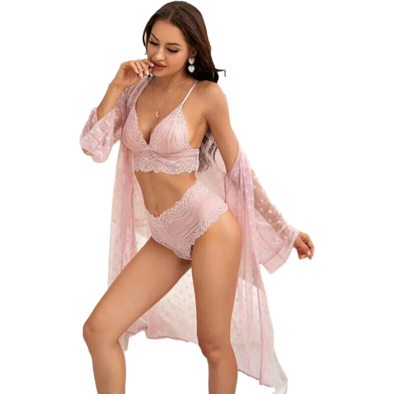 Lace Bathrobe 3 Piece Dressing Gown Pyjamas Long Sleeve Sleepwear for Women Sexy Nightgown Kimono Bride Wedding Nightie Lingerie