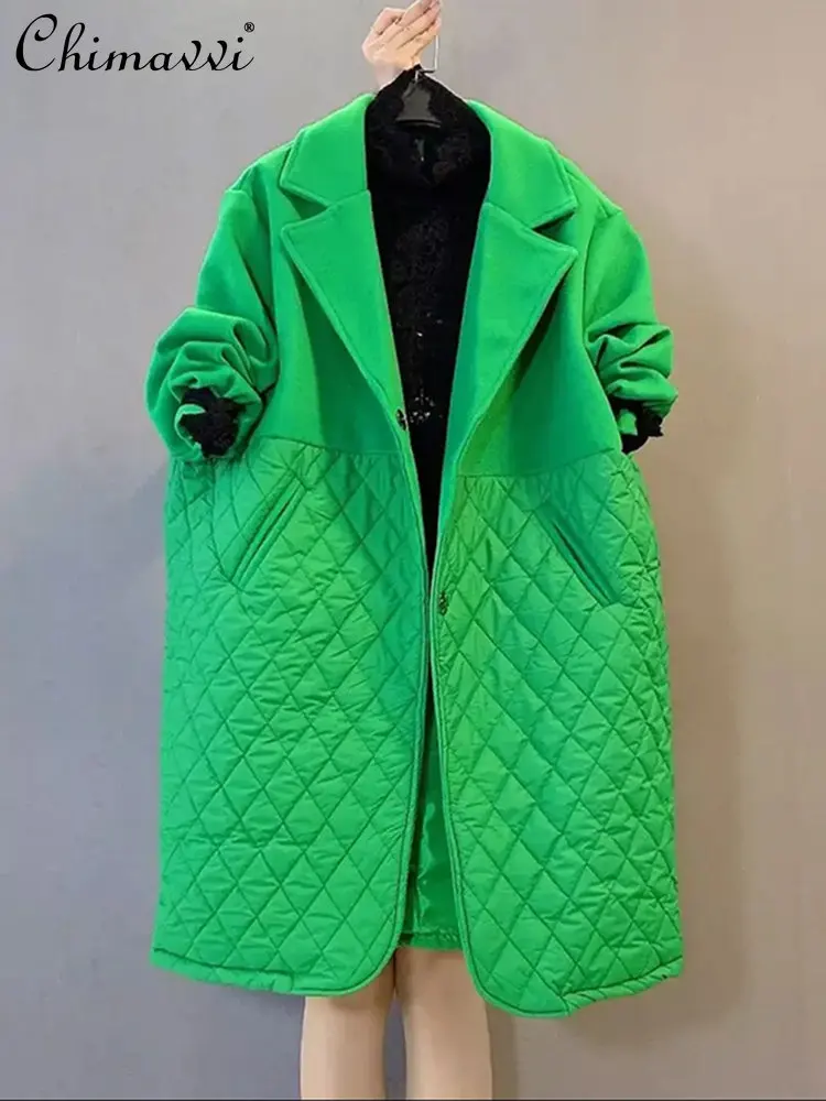 Oversized 6XL Women's Fashion Woolen Stitching Rhombus Cotton-Padded Coat Loose Slim Mid-Length Suit Collar Cotton Jacket