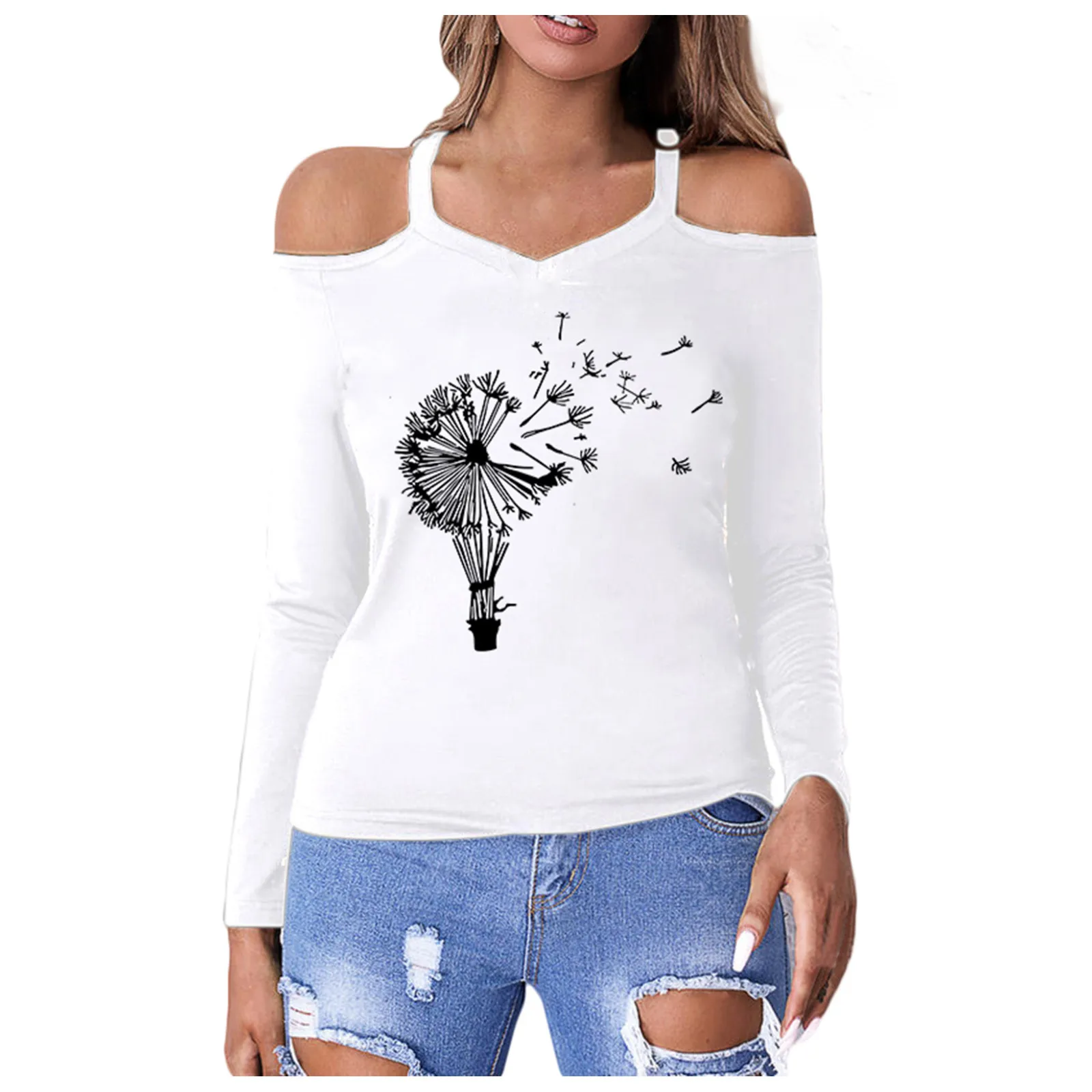 

Women's Sexy Top Blouse Autumn Winter Print Off-the-shoulder Long Sleeved Round Neck Casual Fashion Top