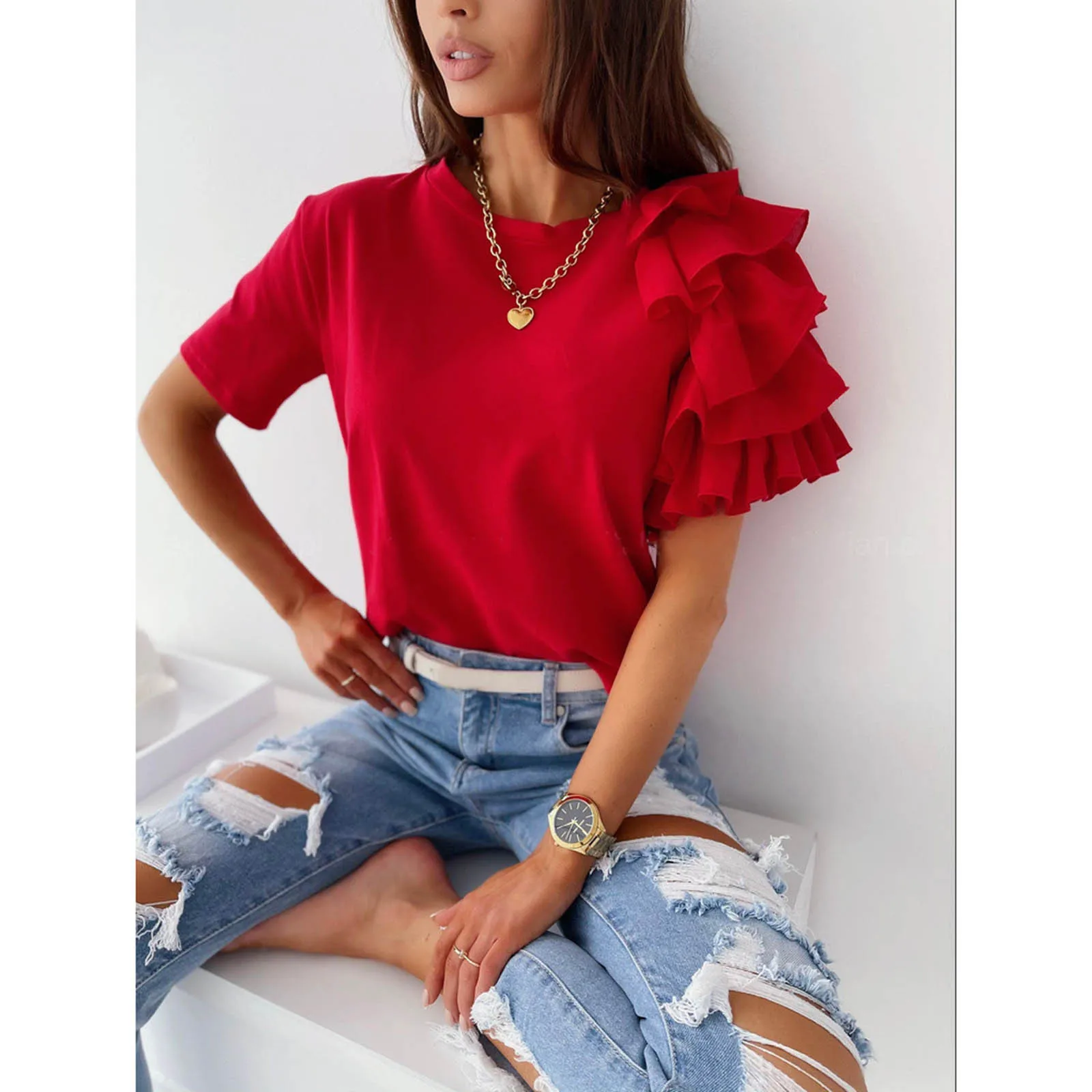 

Fashion Elegant Women T Shirt Top Flounced Short-sleeve Casual Loose T Shirts Summer Comfortable T-Shirts Camisetas De Mujer