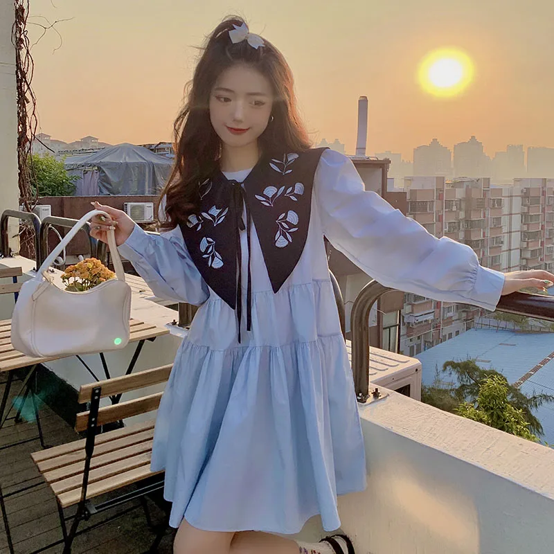 

2022 весеннее Платье женское 4XL корейский кукольный воротник шаль из двух частей короткое шикарное платье Модная рубашка с длинными рукавами ...