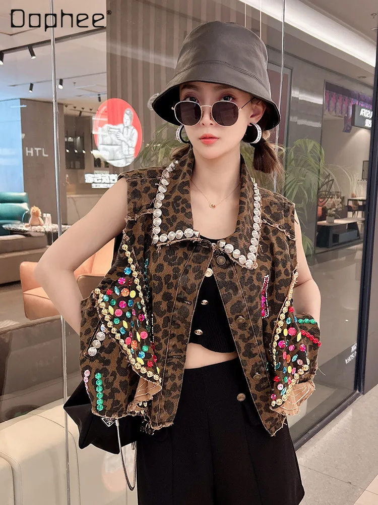 

Женский джинсовый жилет с леопардовым принтом, Летний жилет без рукавов, подходящая ко всему верхняя одежда, короткий жилет в западном стиле, Женское пальто, 2023