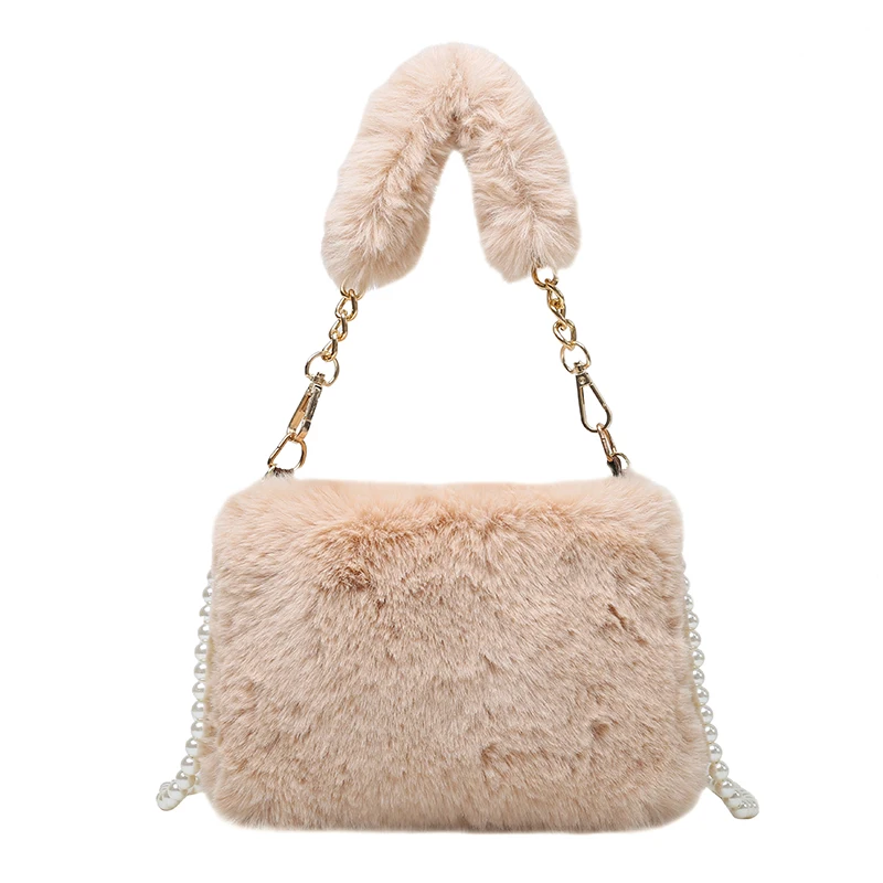 Small Plush Tote Bags For Women 2022 Winter Soft Fluffy Messenger Bag Furry Luxury Designer Handbag Pearl Chain Fur Shoulder Bag
