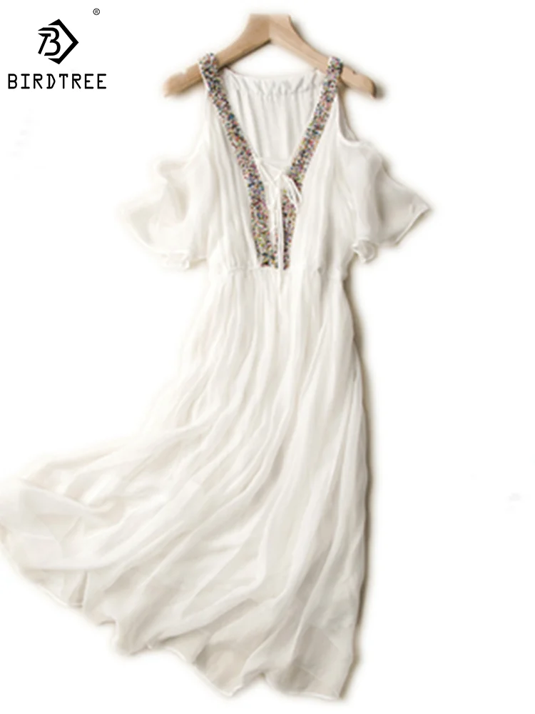 Birdtree 100% Natural Silk Dress Ladies Open Collar Lace Up 3/4 Sleeve Solid Midi Shirt Dresses Summer D35508M