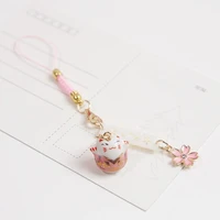 trend cherry blossom lucky cat mobile phone chain women girl cute cartoon phone case charm key pendant anti lost lanyard jewelry