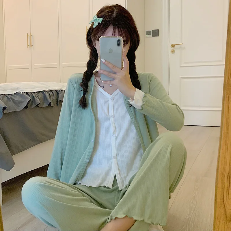 

Women Spring Autumn New Solid Cotton Two Piece Suit Sleepwear Long Sleeve Soft Comfortable Loose Casual Nightclothes Pajamas Set