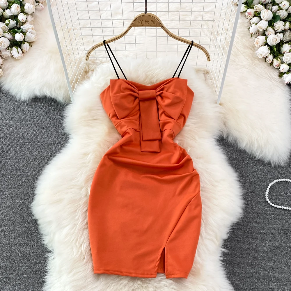 

Летнее темпераментное сексуальное платье на подтяжках, модное облегающее платье с бантом, облегающее короткое платье с разрезом, женское п...