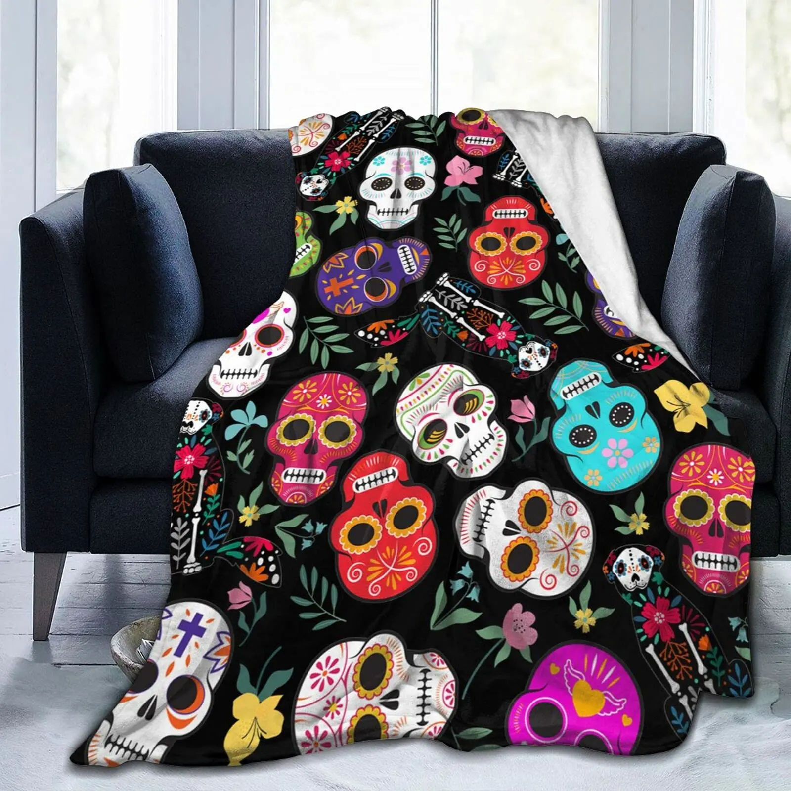 

Halloween Blanket Gifts,Day of The Dead Cat Skull Throw Blanket Soft Lightweight Flannel Blanket for Bed Sofa Couch Kitten Sugar