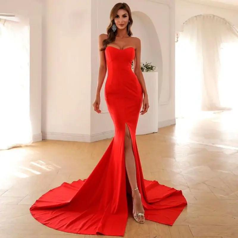 

Satin Mermaid Prom Dresses Long Celebrity Backless Side Slit Party Bridesmaid Evening Gowns Custom Made