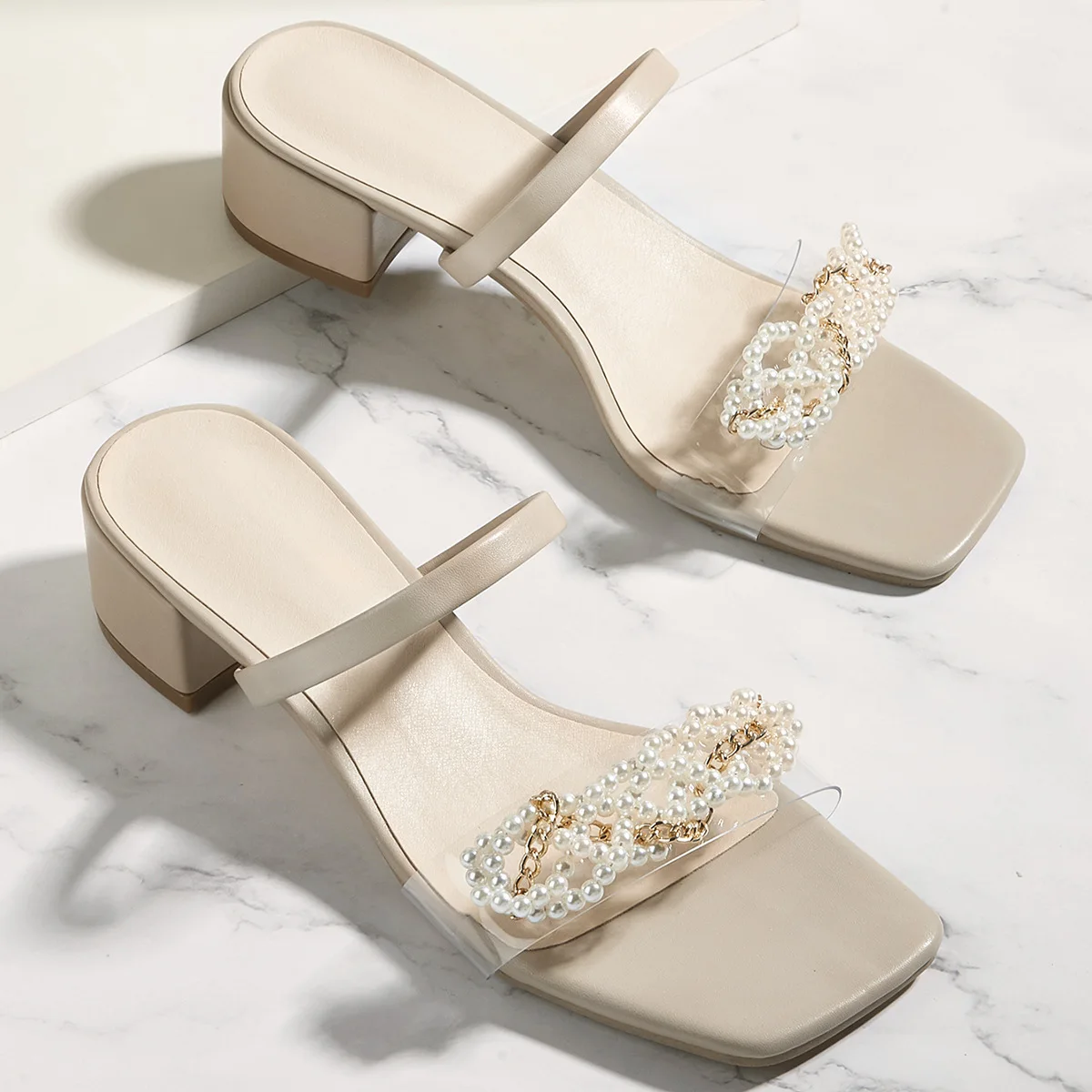 

Женские туфли на высоком каблуке женские тапочки Новинка 2022 универсальные сандалии и тапочки на толстом каблуке с квадратным носком