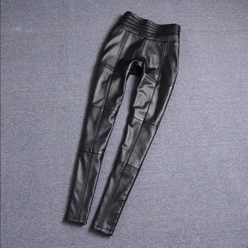 style S-4XL Elastic waist pencil real Sheep leather Pants female fashion brand full length Genuine leather pants F966