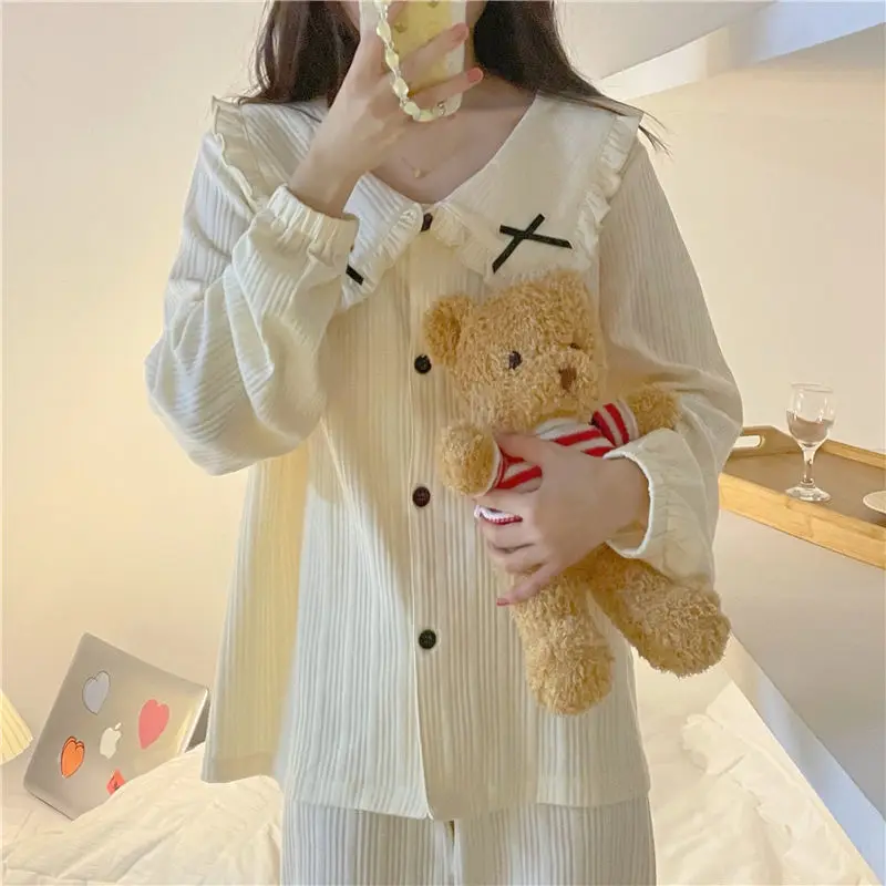 Korean Sweet Doll Collar Pajamas Women New Long Sleeve Top + Pant Suit Spring Autumn Female Sleepwear Set Pyjama Pour Femme
