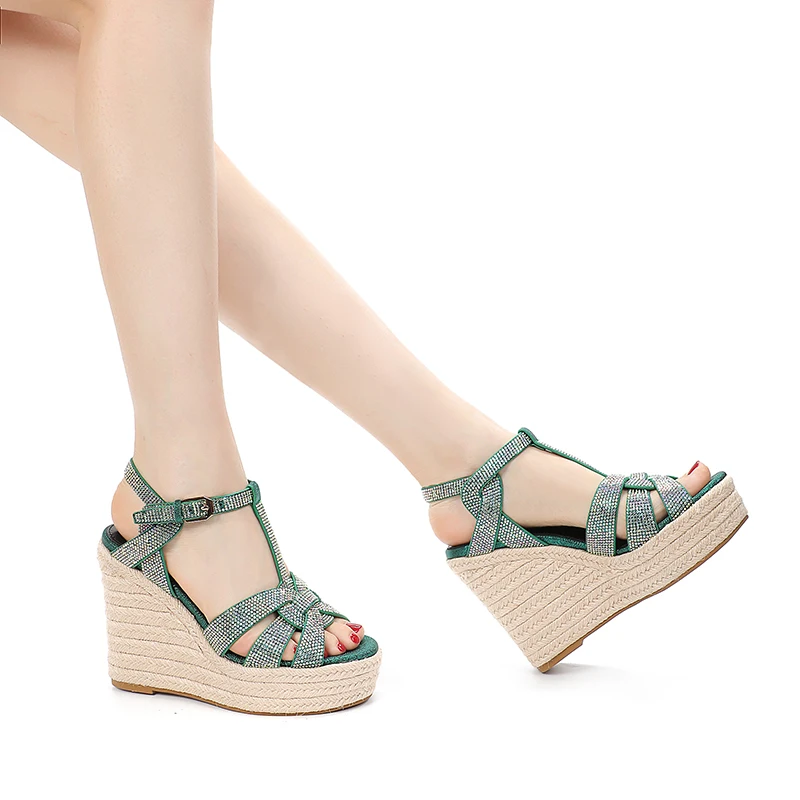 Women's Slope Heeled Sandals High Heels Genuine Leather Hemp Soled Thick Sole Sandals12CM Luxury Crystal Party Women's Shoes 43