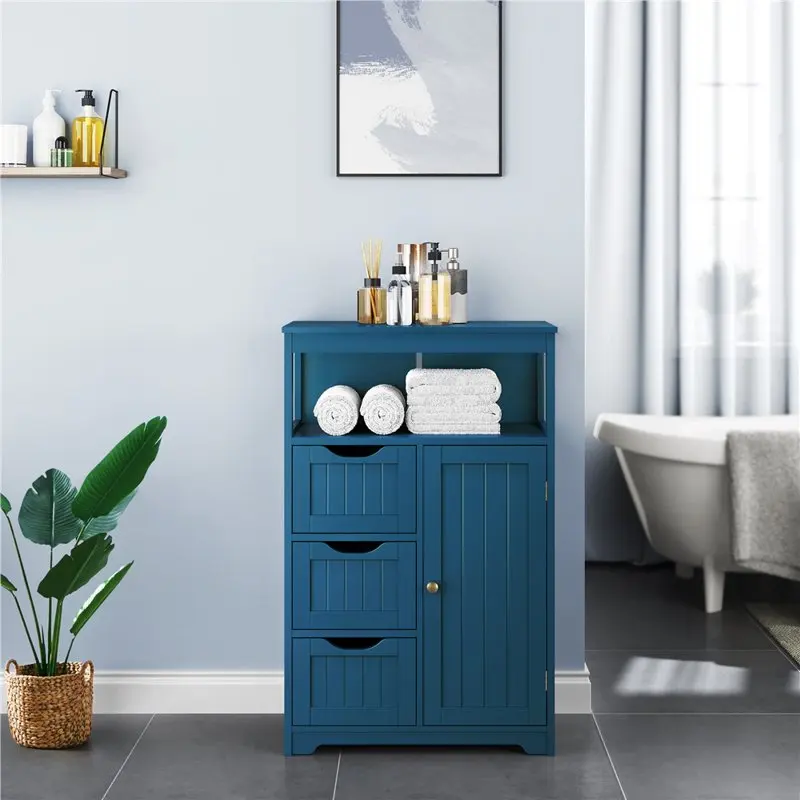 

Stylish Navy Blue Multiple Tiers Bathroom Floor Cabinet, Modern Storage Organizer with Multiple Shelves & Drawers, Perfect Solut