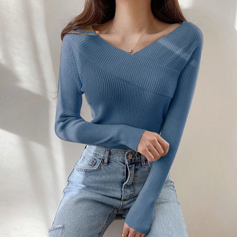 

Autumn Winter V-neck Knitted Sweater Basic Women's Jumper Long Sleeve Top2022Sexy Off Shoulder Solid Slim Pullovers Sweaters