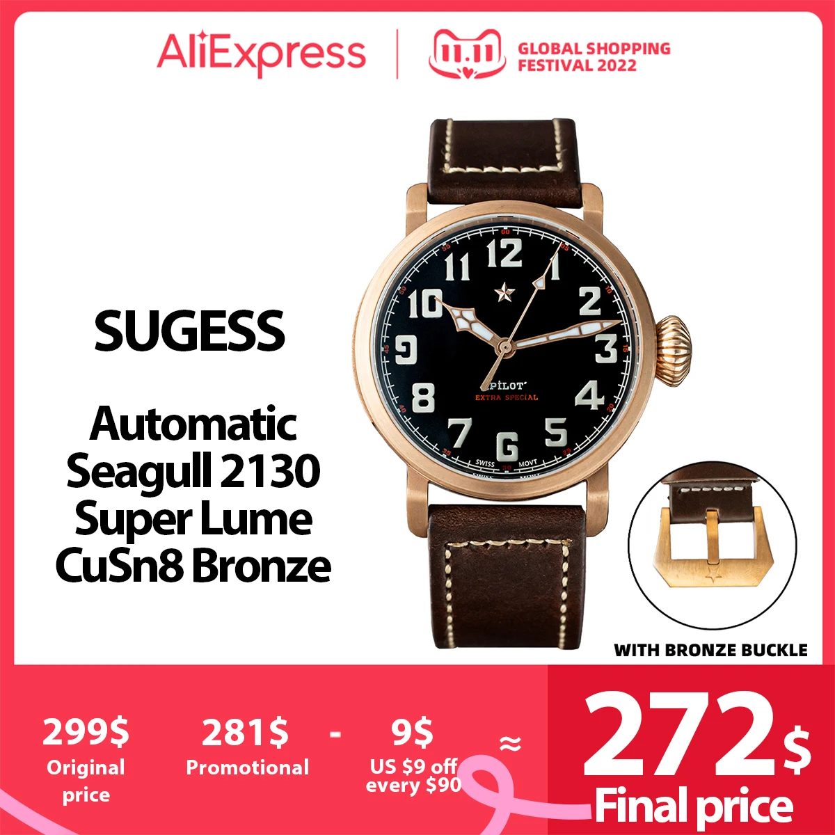 Скидка Часы наручные Sugess Pilot Master, часы Seagull ST2130, автоматические наручные часы CuSn8, оловянная бронза, сапфировый кристалл, скелет BGW9, светящиеся