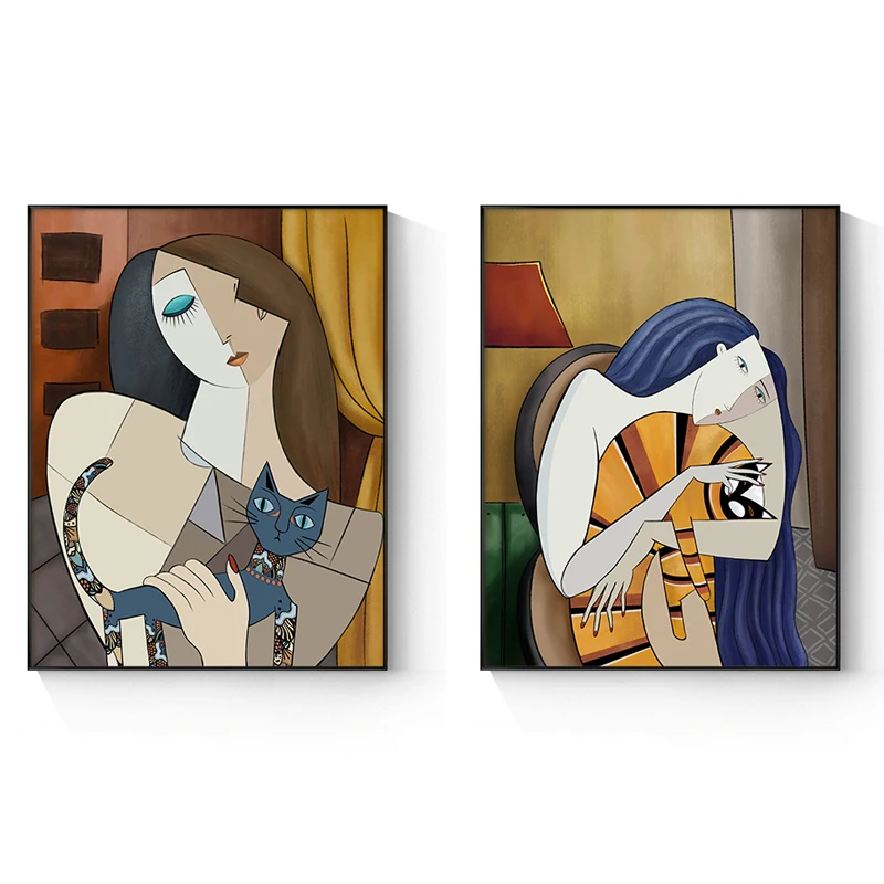 

Nordic Cat Girl Posters and Prints Abstract Picasso Art Figure Canvas Painting Wall Pictures for Living Room Bedroom Home Decor