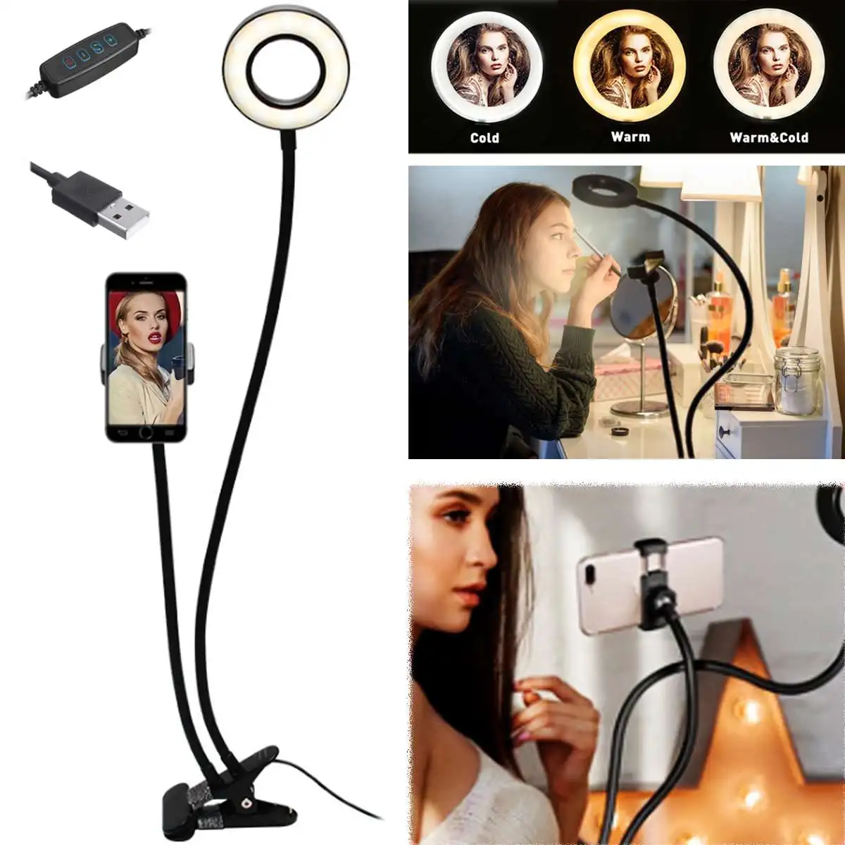 

9cm USB LED Fill Ring Light with Adjustable Stand Clip and Phone Holder Bracket Dimmable Led Camera Ringlight for Live Streaming