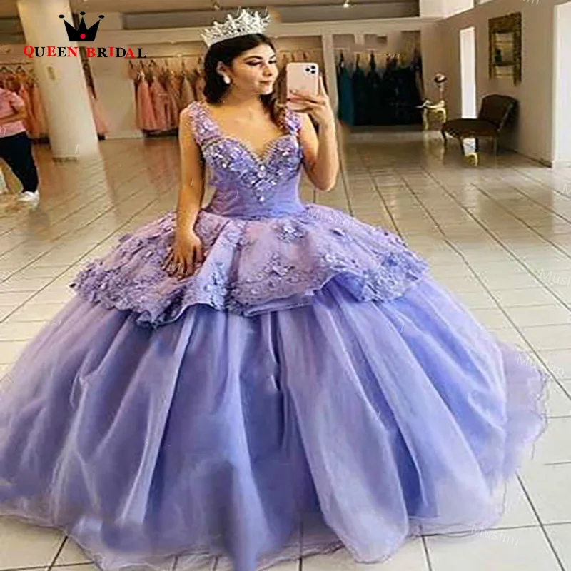

Purple Quinceanera Dresses With Flowers Sexy V-Neck Sleeveless Ball Gown Sweet 15 Dress Poofy Prom Birthday Party Dress ED19