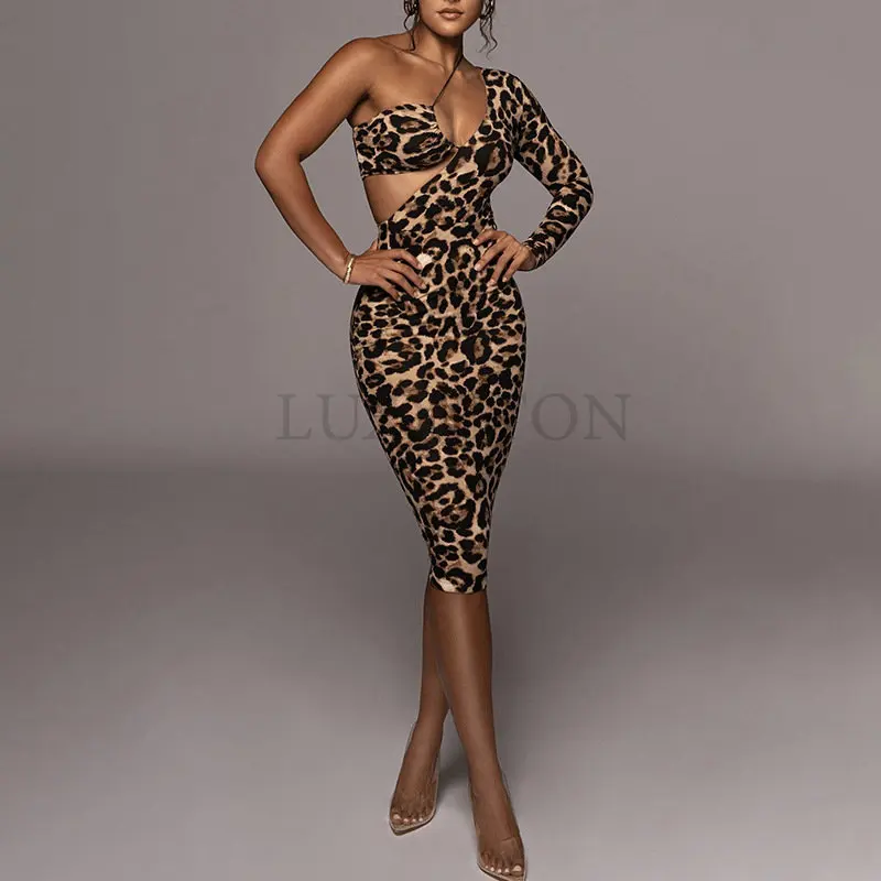 

Leopard Print One Shoulder Long Sleeve Hollow Out Midi Prom Dress Irregular Summer Sexy Elegant Clothes Party Vintage