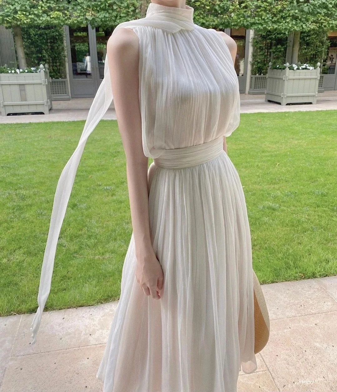

2023 Summer Elegant Women's Two Pieces Set Dress Gentle High Collar Sleeveless Solid Chiffion Midi Dress Fashion Sexy Korea Sund