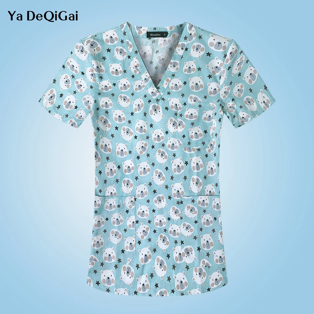 S-2XL Cartoon Animal Printing Nurse Uniform Short Sleeve V Neck Doctor Workwear Lab Uniform Casual Surgical Gown Medical T-shirt
