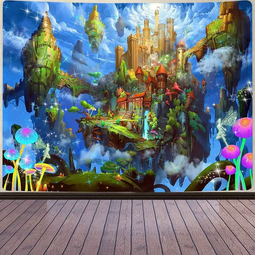 

Fairy Tale Castle Tapestry Fantasy Green Forest Tree Fairyland Sky Island Tapestries Home Wall Hanging Bedroom Room Deco Blanket