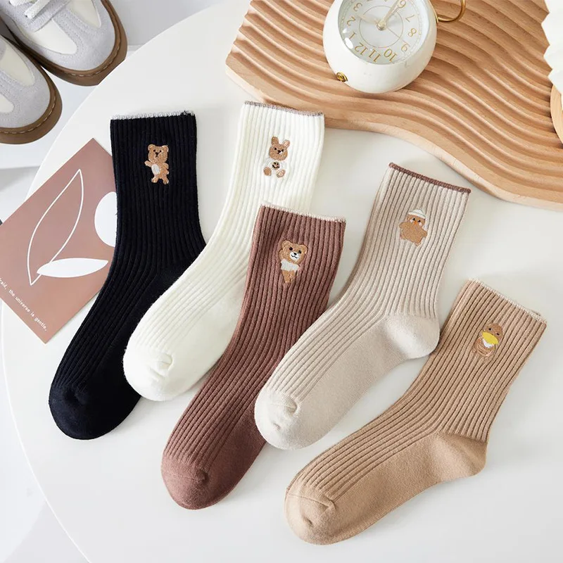 5 Pairs Cute Cartoon Bear Women Socks Spring and Autumn Polyester Cotton Mid-tube Sock Kawaii Korean Japanese Student Girls Sock