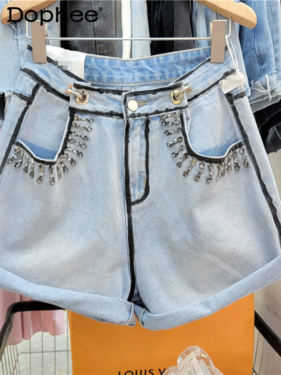 

Street Exquisite Rhinestone Beaded Washed Blue Denim Shorts Women High Waist Slimming Flanging Shorts Jeans 2022 Summer Bottoms
