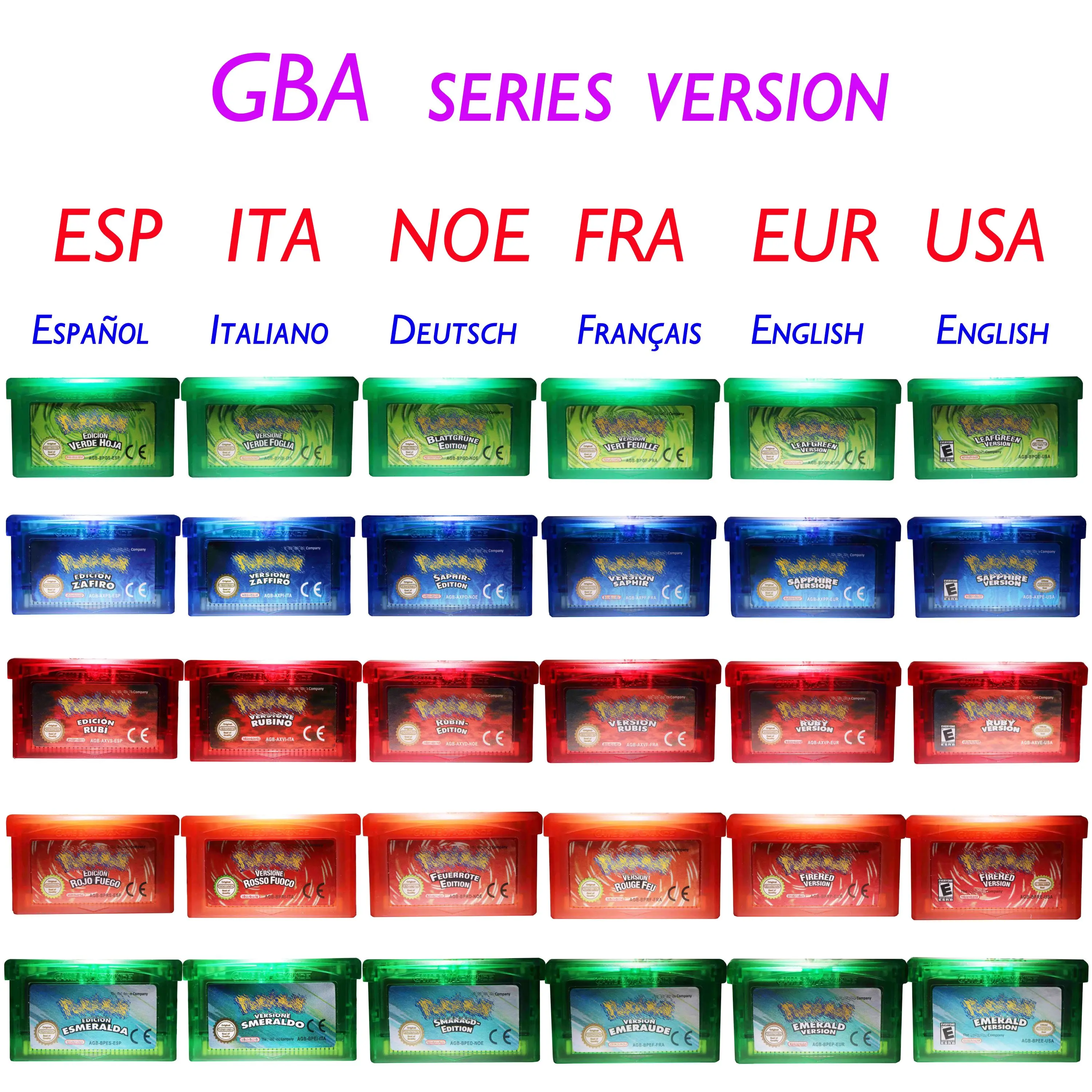 Карта для видеоигр Poke Mon GBA Game NOE/ESP/ITA/FR/Европейская/Американская серия, линейная зеленая Рубиновая Сапфировая изумрудная, многоязычная