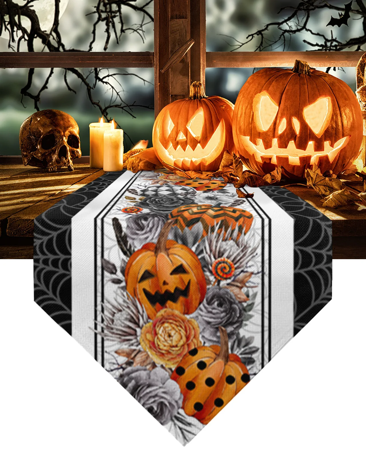 

Halloween Orange Pumpkin Crow Feather Table Runner Wedding Decor Tablecloth Holiday Party Home Dining Table Decoration