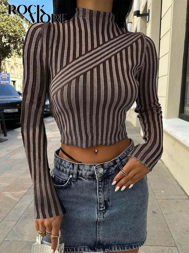 

Rockmore Turtleneck Striped Crop Sweaters Autumn Winter Streetwear Vintage Bodycon Jumper Tops Women Casual Long Sleeve Pullover