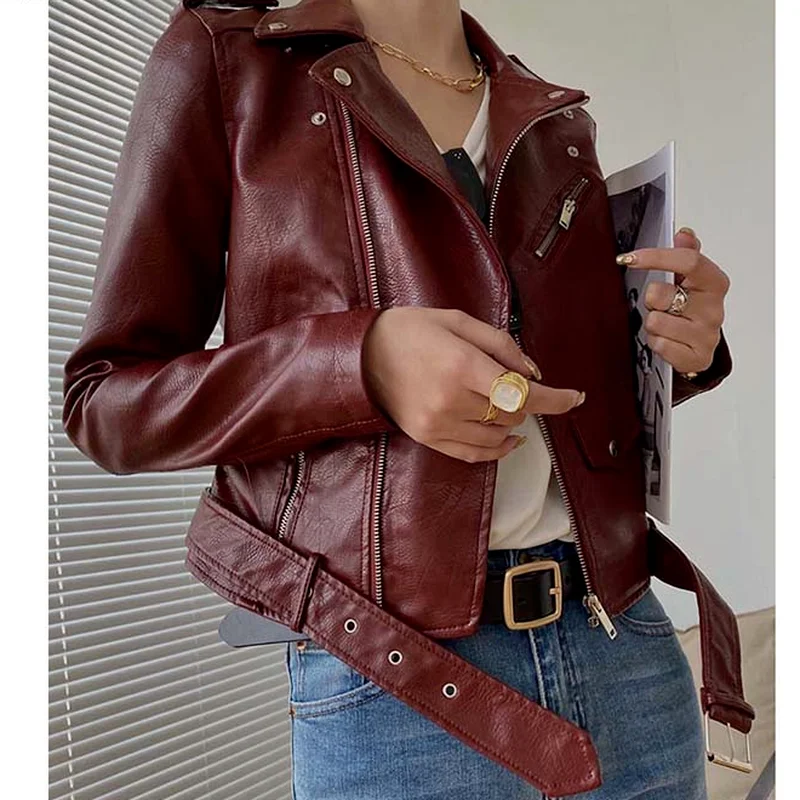 Women Short Coat Female Faux Leather Jackets PU Fashion 2021 Autumn Winter Turn-Down Collar Zippers Belt Motorcycle Gothic Punk