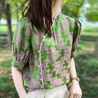 2022 traditional chinese qipao blouse women national tang suit cheongsam top retro flower print satin blouse vintage hanfu tops