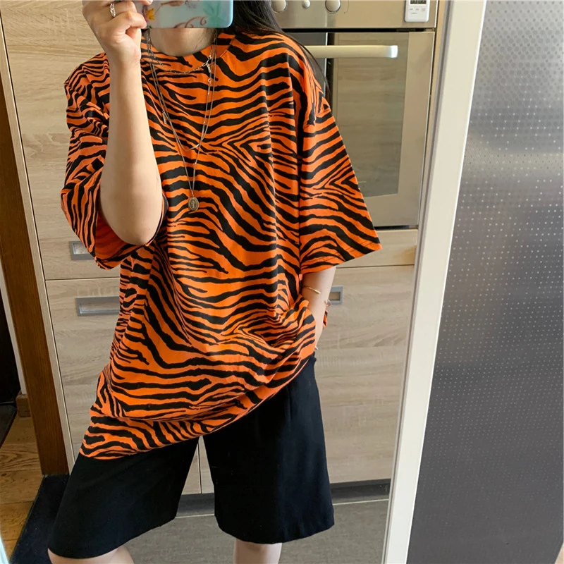 Футболка женская с коротким рукавом уличная одежда в полоску зебры топ круглым